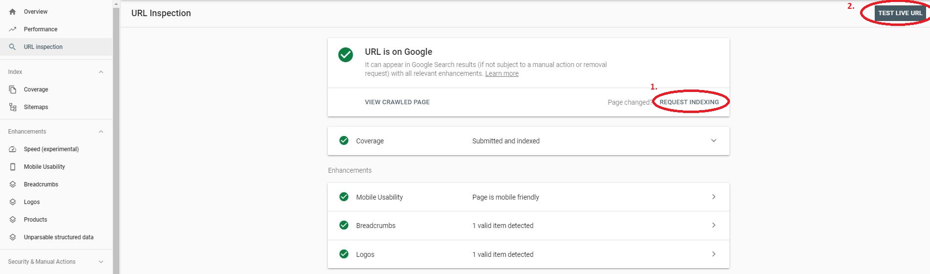 Search Console URLs page