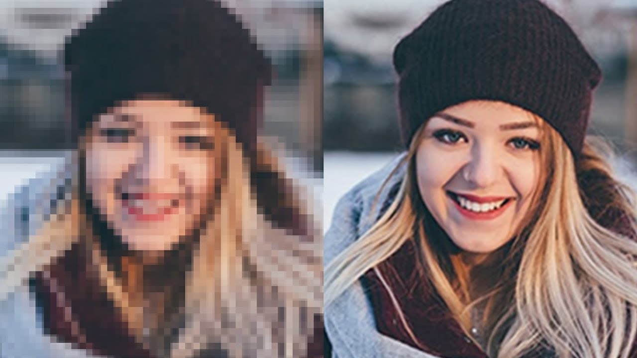 The same photo of a woman smiling, but the left version is pixelated and blurry, while the right version is clear. 